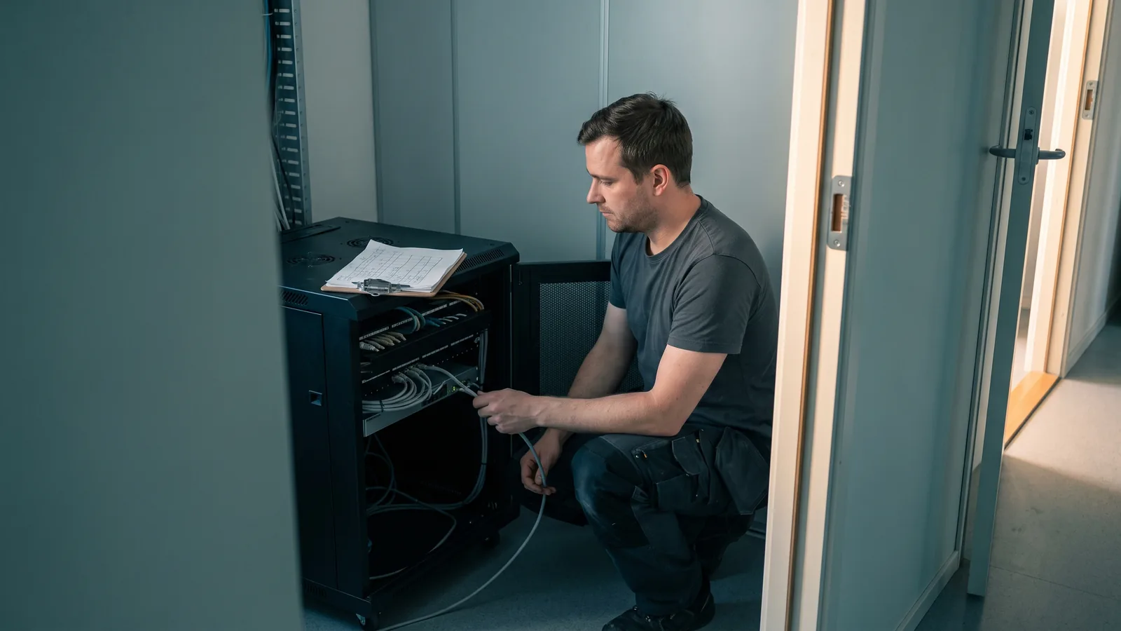 Správca IT kontroluje aktualizácie na serveri malej firmy