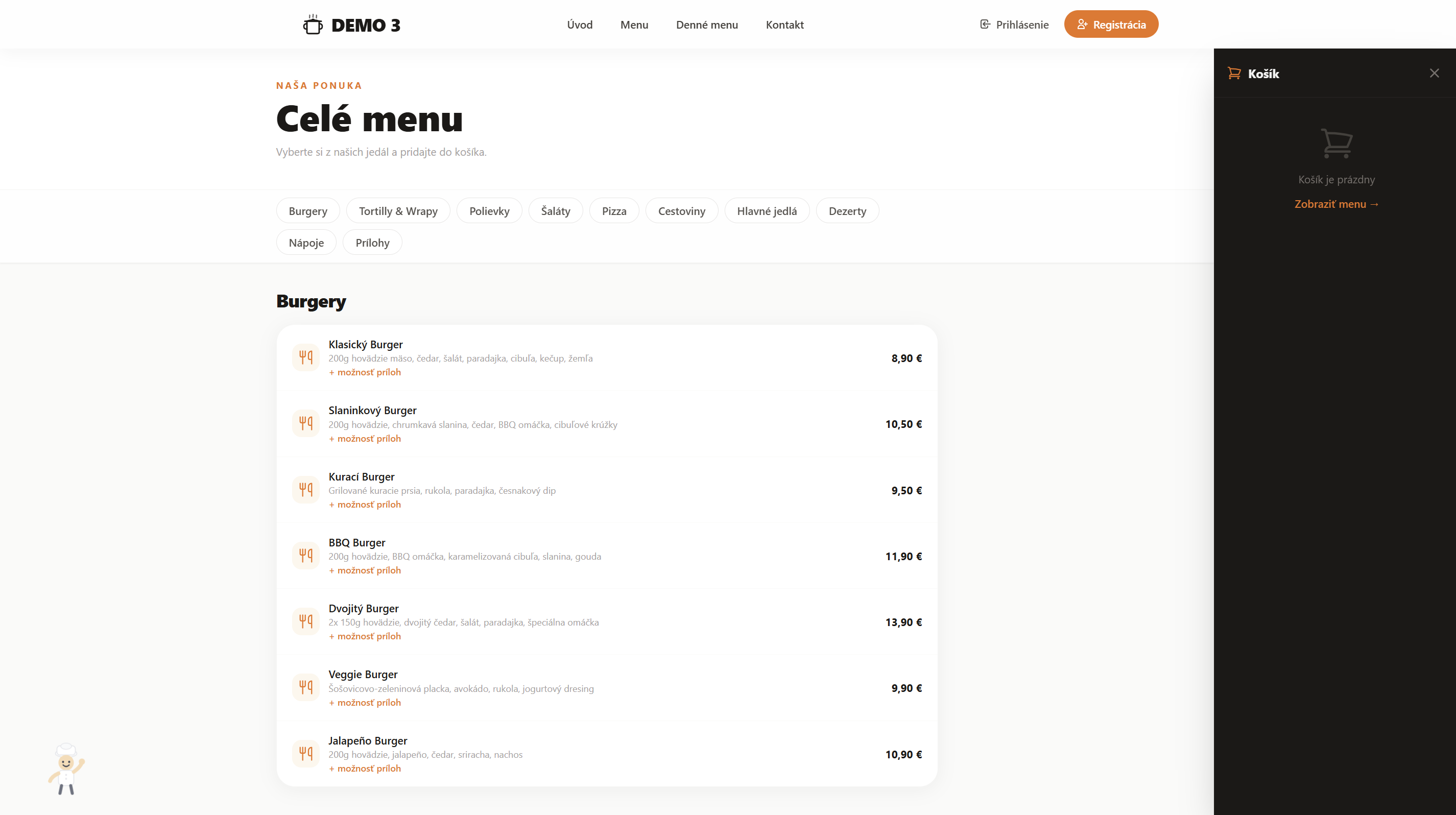 Online menu s košíkom